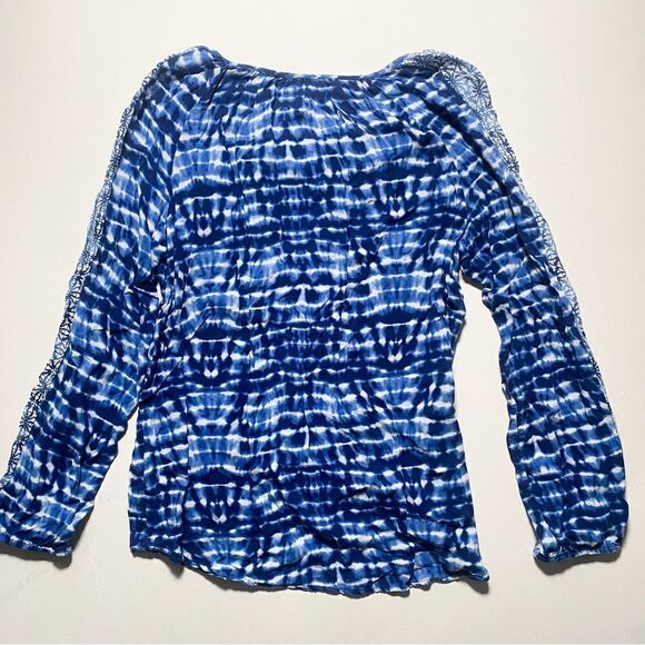 Faded Glory Women Blue Pullover Boho Rayon Blouse Loose Fitting Tie Neck Size L - Picture 2 of 7